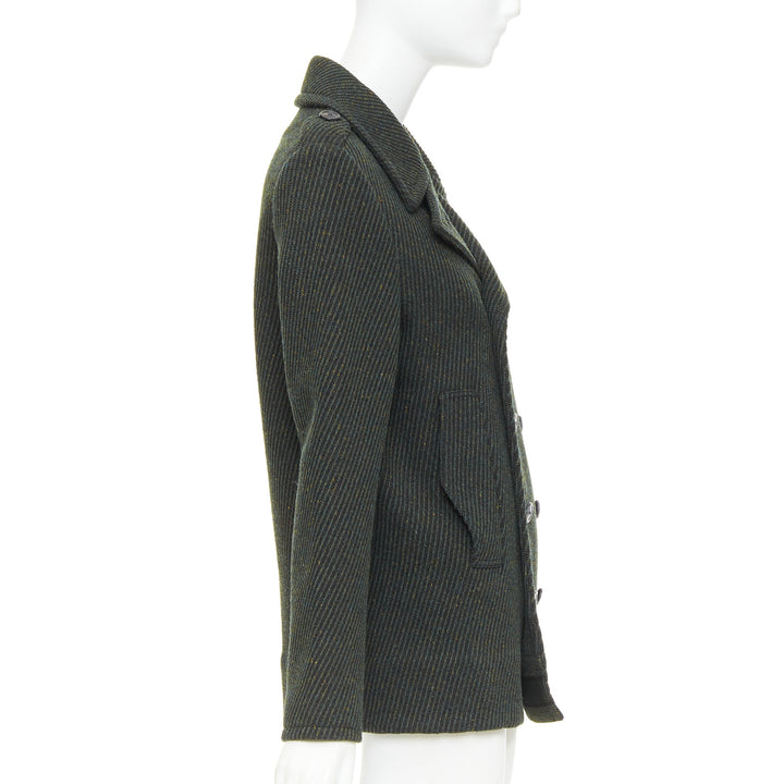 CHRISTIAN DIOR green virgin wool ribbed knit double breasted pea coat FR36 S