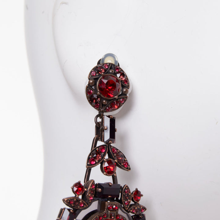 LANVIN Alber Elbaz red crystal rhinestone teardrop statement clip earrings pair