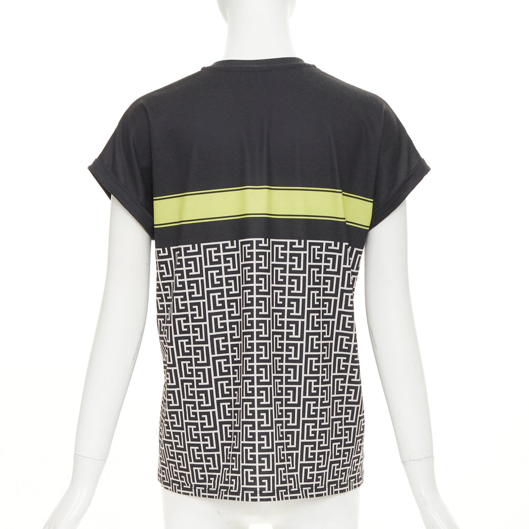 BALMAIN black yellow logo graphic printed rolled sleeves tshirt XS