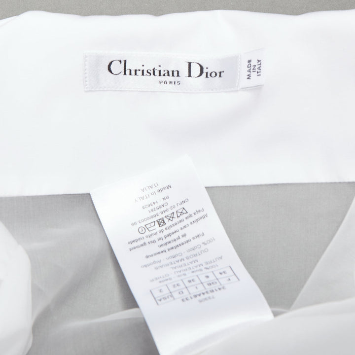 CHRISTIAN DIOR 100% silk white cotton trim sheer panel logo shirt FR34 XS