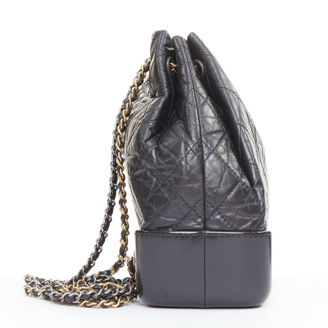 CHANEL 2017 Gabrielle Small black quilted aged calfskin CC chain backpack bag