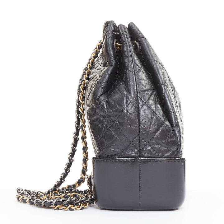 CHANEL 2017 Gabrielle Small black quilted aged calfskin CC chain backpack bag