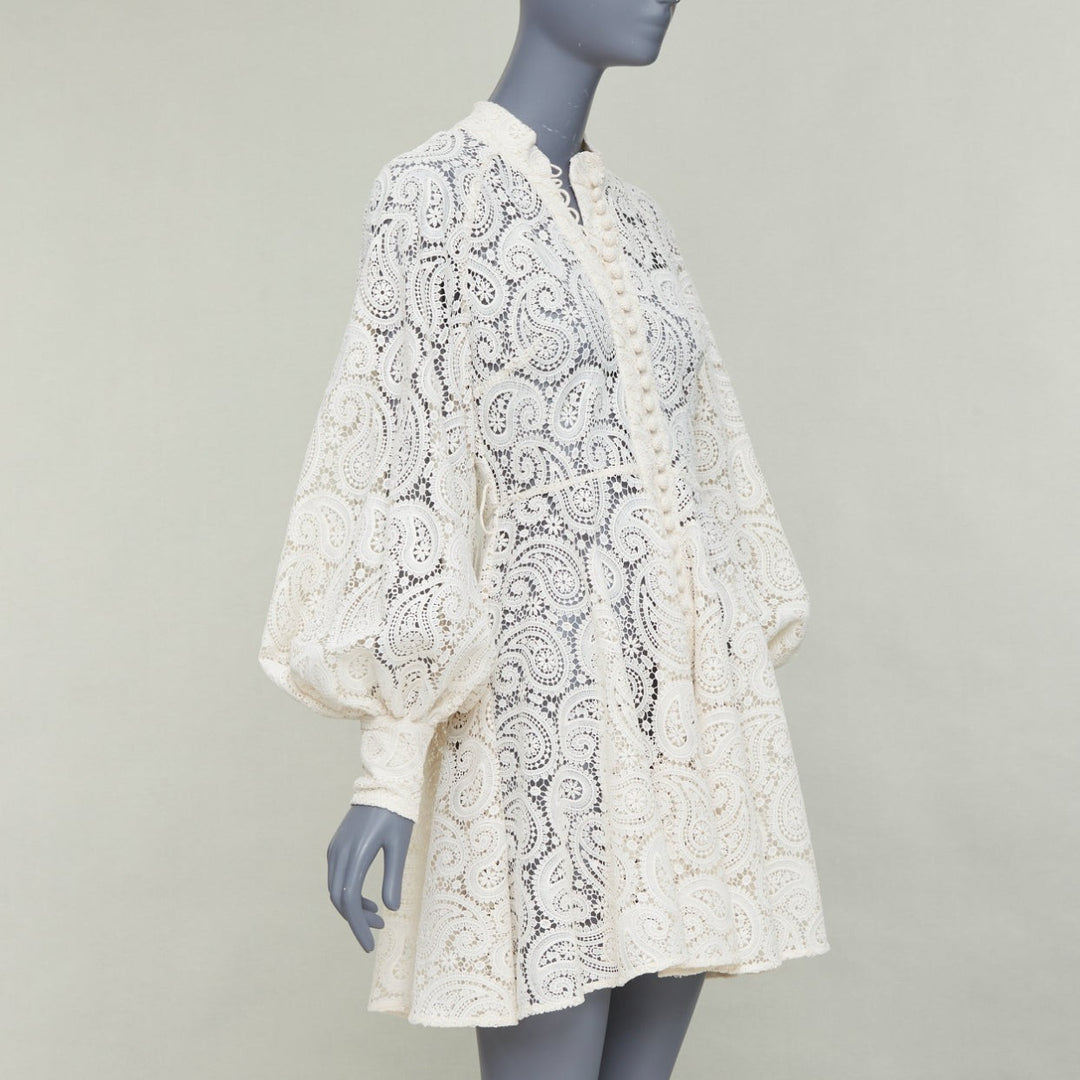 ZIMMERMANN Amari cream paisley floral lace cotton lined peasant dress Sz1 S
