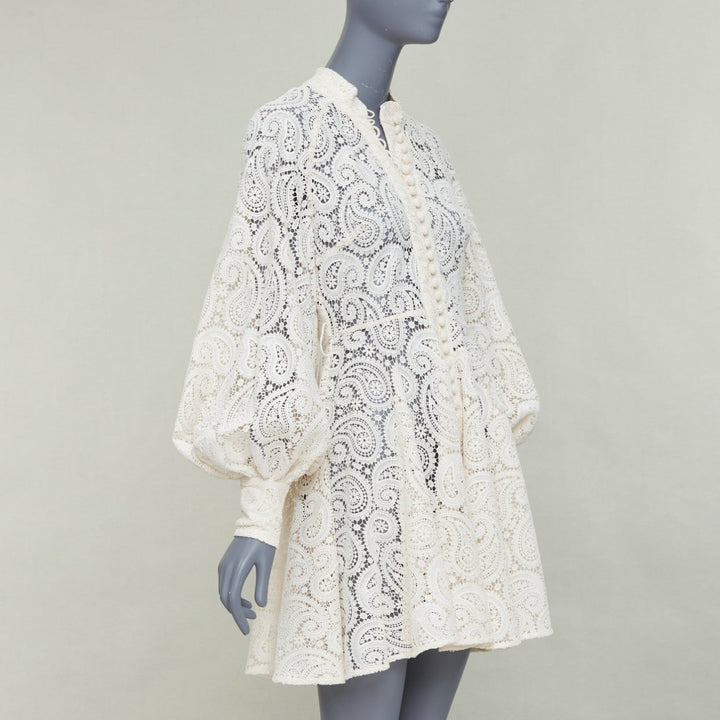 ZIMMERMANN Amari cream paisley floral lace cotton lined peasant dress Sz1 S
