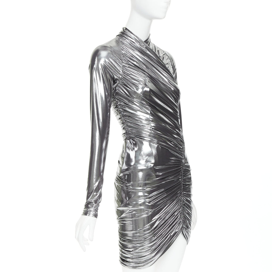 FERRAGAMO Maximilian Davis 2023 Runway metallic silver lame wrapped dress IT40 S