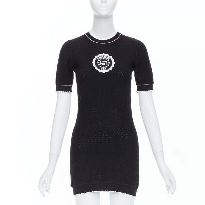 CHANEL 23C black cotton CC No.5 bead broderie pointelle dress FR34 XS