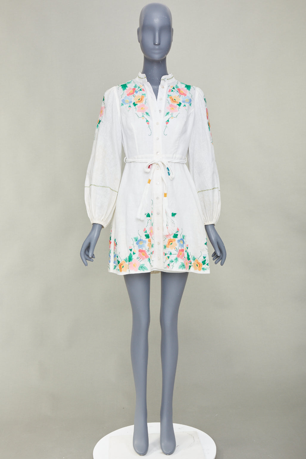 ZIMMERMANN 2021 Fiesta Applique multicolour floral white linen mini dress Sz1 S