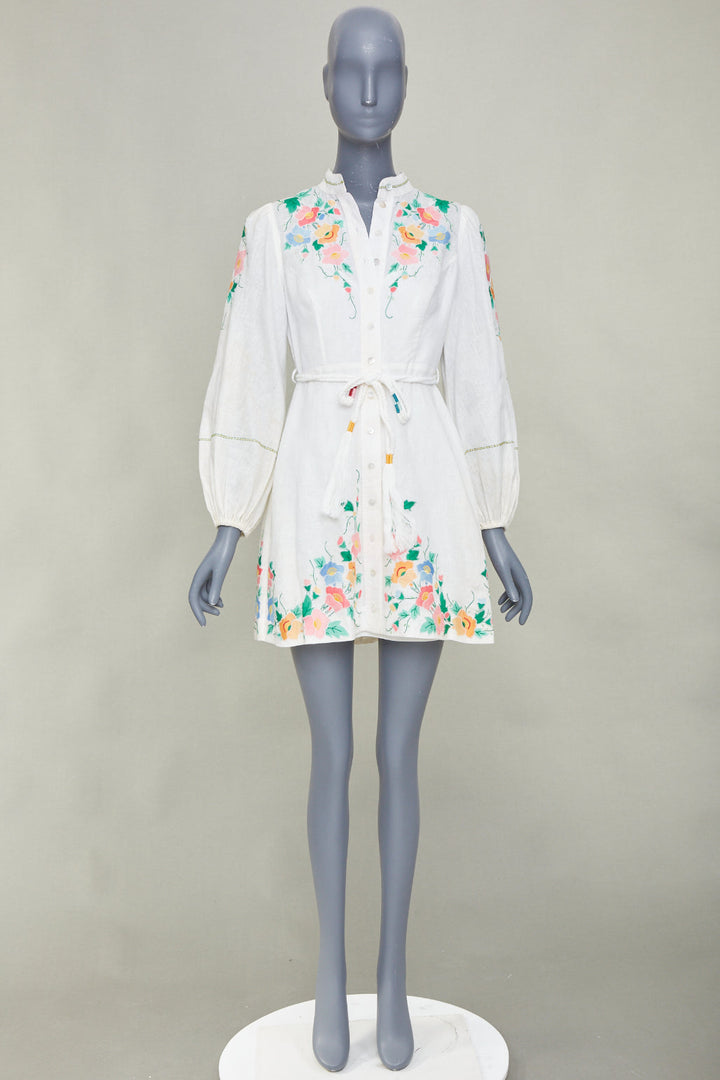 ZIMMERMANN 2021 Fiesta Applique multicolour floral white linen mini dress Sz1 S