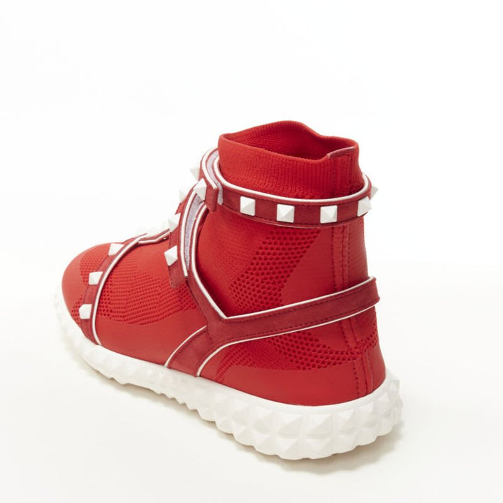 VALENTINO Free Rockstud Bodytech red sock knit white stud high top sneaker EU36