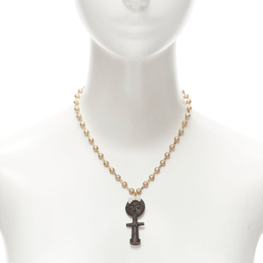 LE BIJOUX DE SOPHIE black crystal aboriginal statue pearl chain necklace