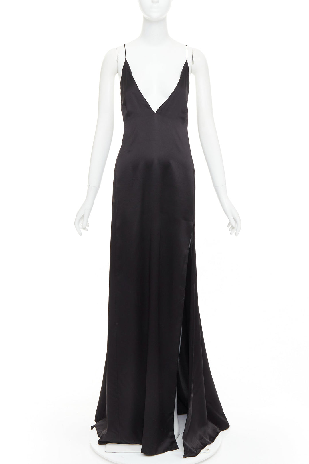 SAINT LAURENT 2022 black 100% silk plunge V neck open back high slit gown FR38 M