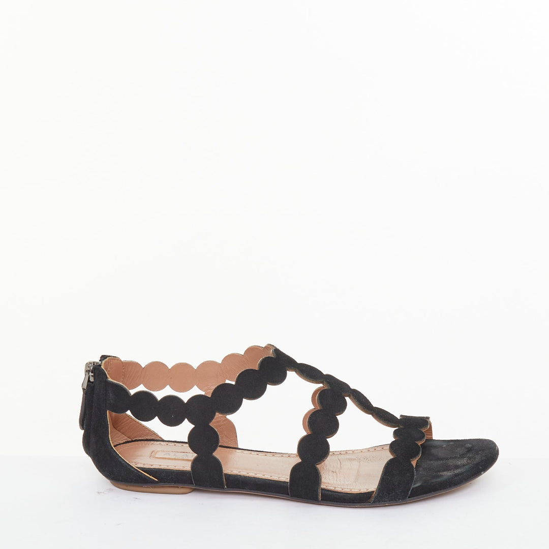 ALAIA 2016 black suede laser cut scalloped cage gladiator open toe sandals EU37