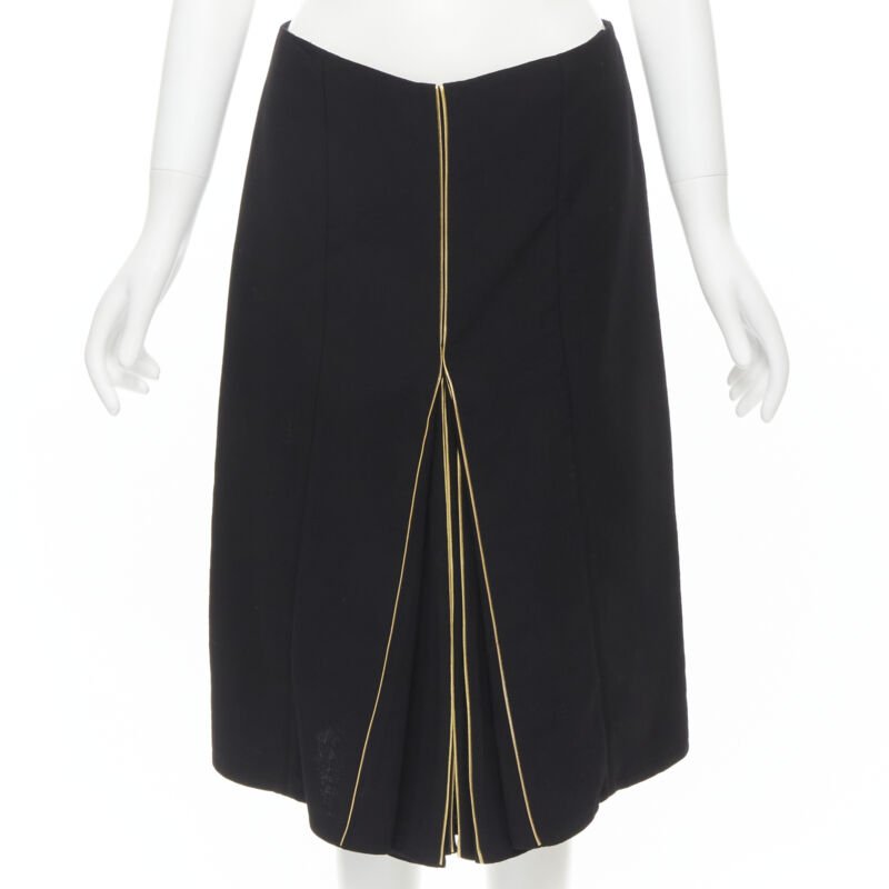 MARNI black wool gold piping flared vent knee skirt IT40 S