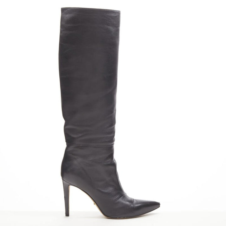 SERGIO ROSSI black leather point toe pull on high heel boots EU38