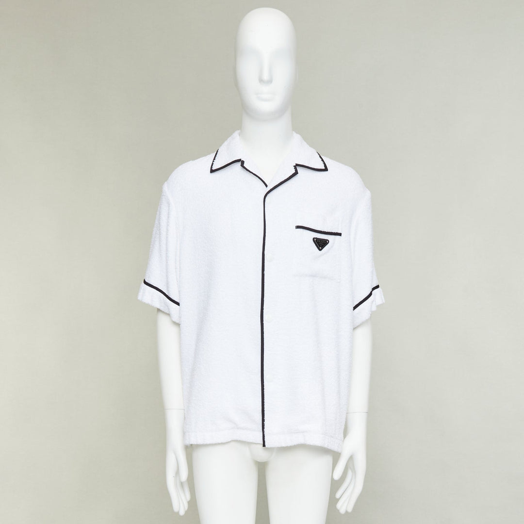 PRADA 2021 white terry towelling black triangle logo plaque bowling shirt M