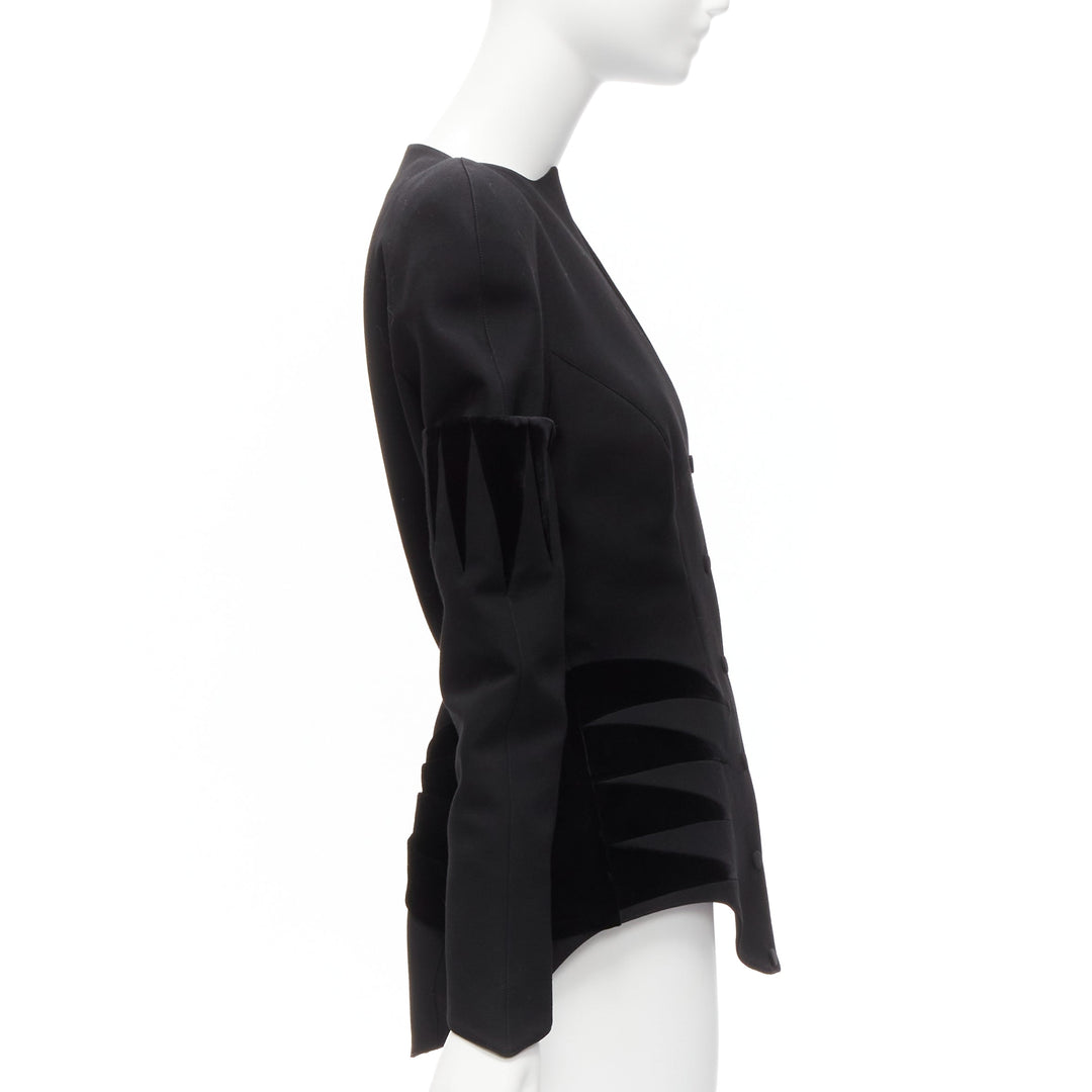 rare THIERRY MUGLER Vintage black wool geometric velvet peplum jacket  IT40 S