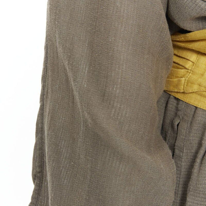 ISSEY MIYAKE 1980's Vintage grey linen yellow Obi belt cowl neck dress M Rare