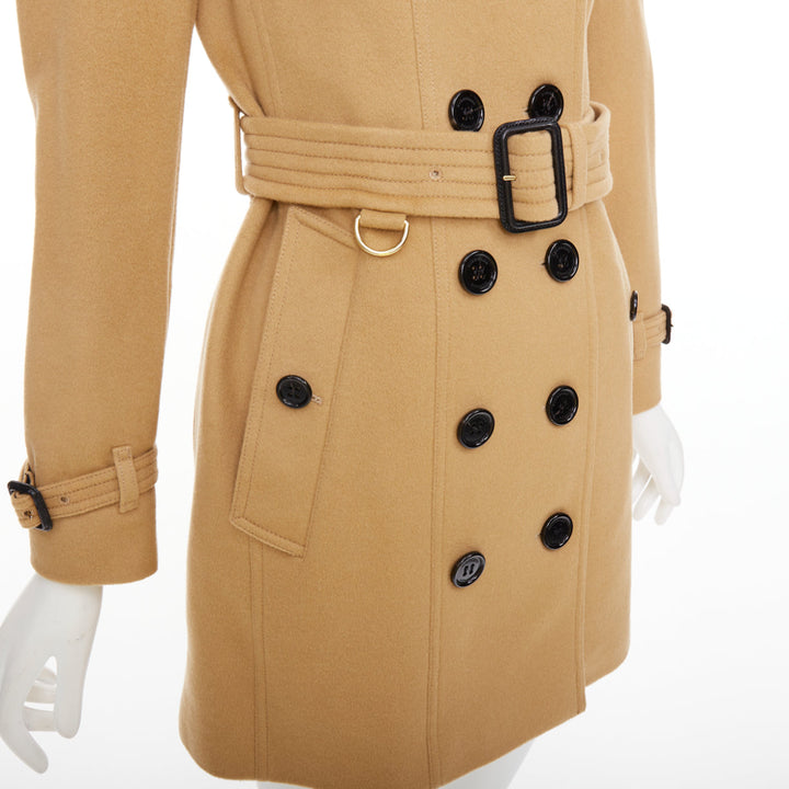 BURBERRY camel wool cashmere black logo buttons classic trench coat UK4 XXS