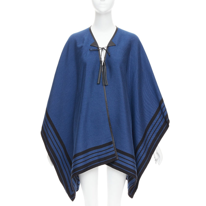 LOUIS VUITTON blue cashmere blend black leather tassel LV logo poncho