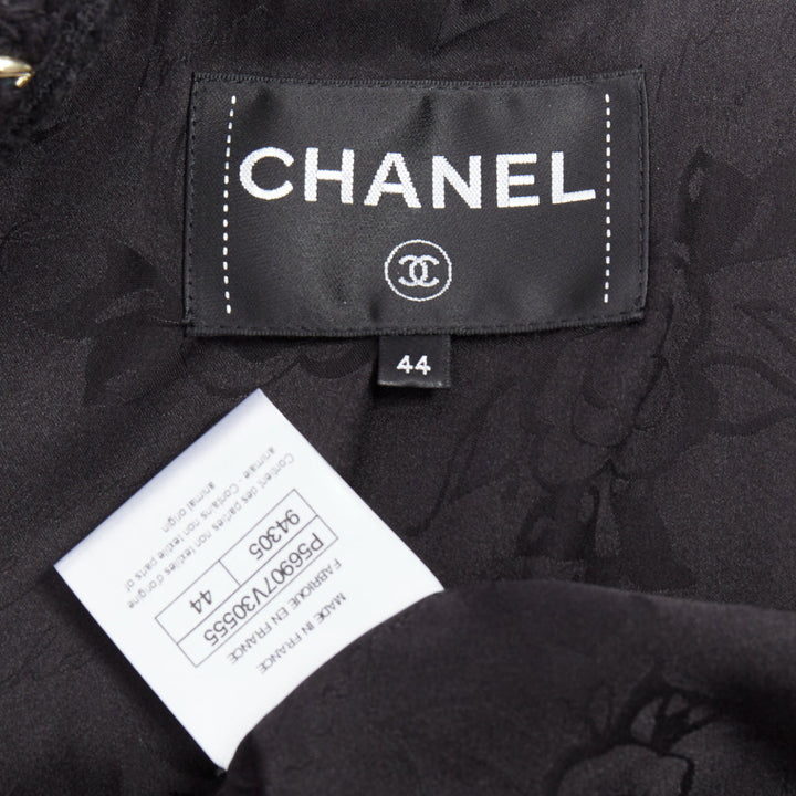 CHANEL 17A black tweed gold crosshatch braided Lionheart button long coat FR44