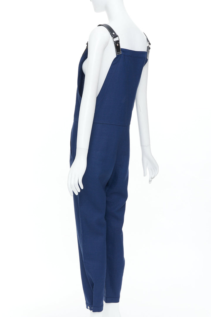BURBERRY 2020 blue virgin wool ramie leather strap overalls dungaree UK6 XS
