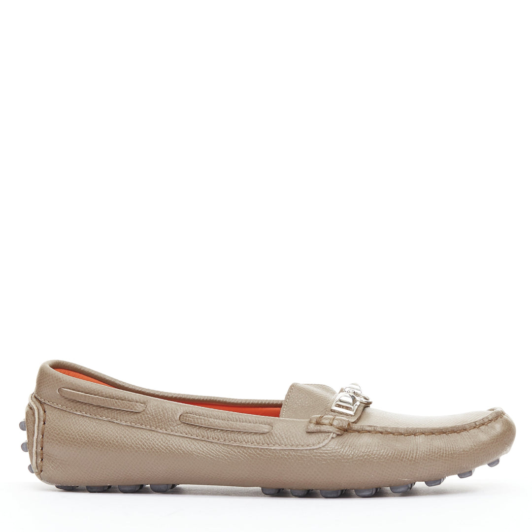 HERMES Irving stone taupe leather silver stud driving loafers EU35.5