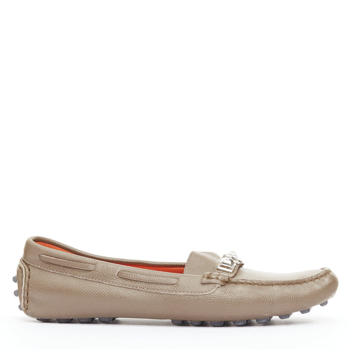 HERMES Irving stone taupe leather silver stud driving loafers EU35.5