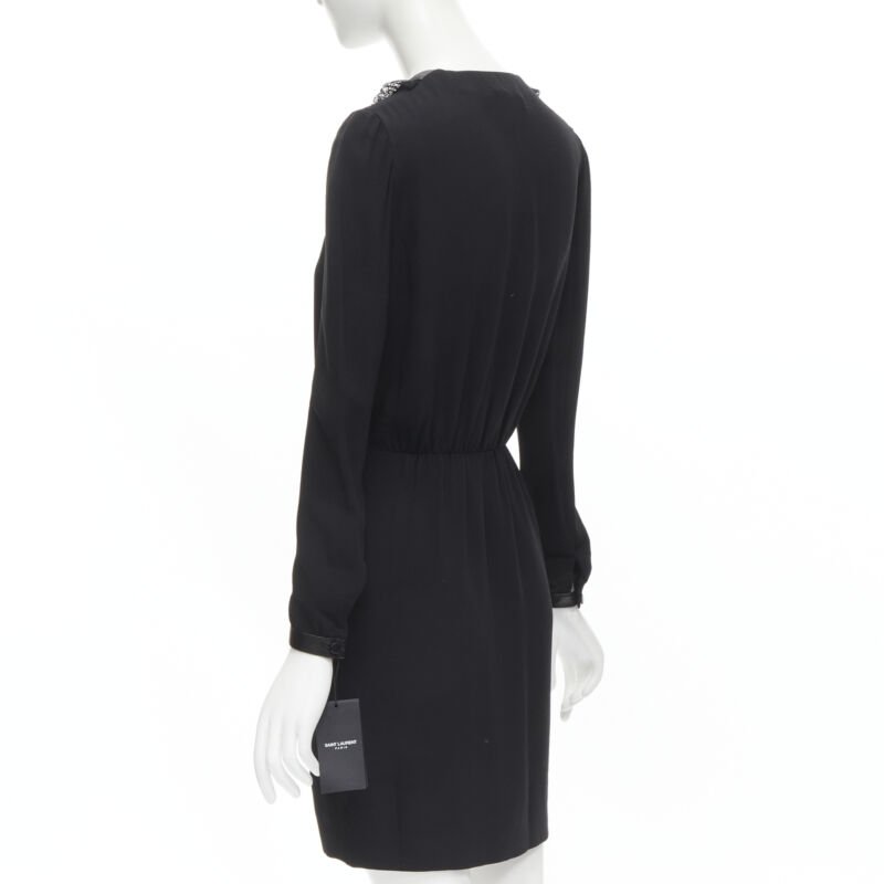 SAINT LAURENT Hedi Slimane 2013 black leather lace ruffle dress FR36 XS