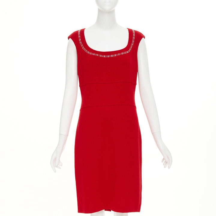 ST JOHN COUTURE Red crystal embellished scoop neck knit dress US8 M