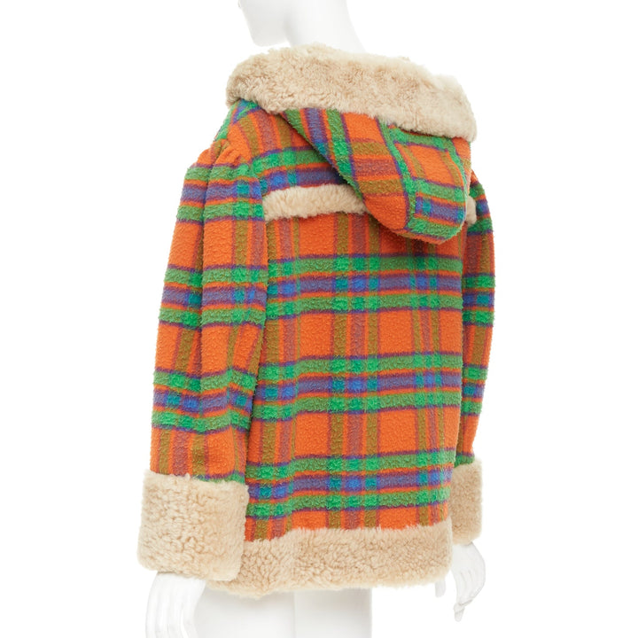 MIU MIU 2020 Plaid Casentino Shearling orange green fur trim boxy jacket IT38 XS