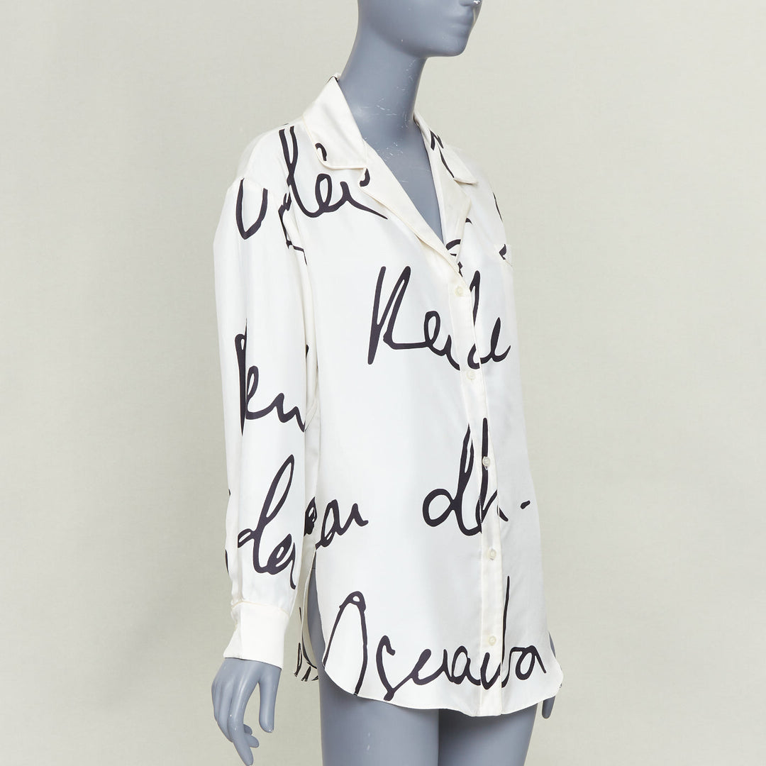 OSCAR DE LA RENTA C21 Runway black cursive script print white silk shirt top XS