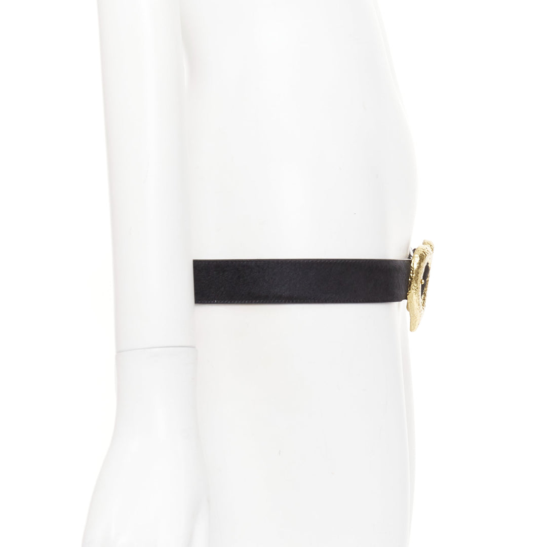SAINT LAURENT 2021 Heart Buckle black calf hair gold hammered metal belt 65cm