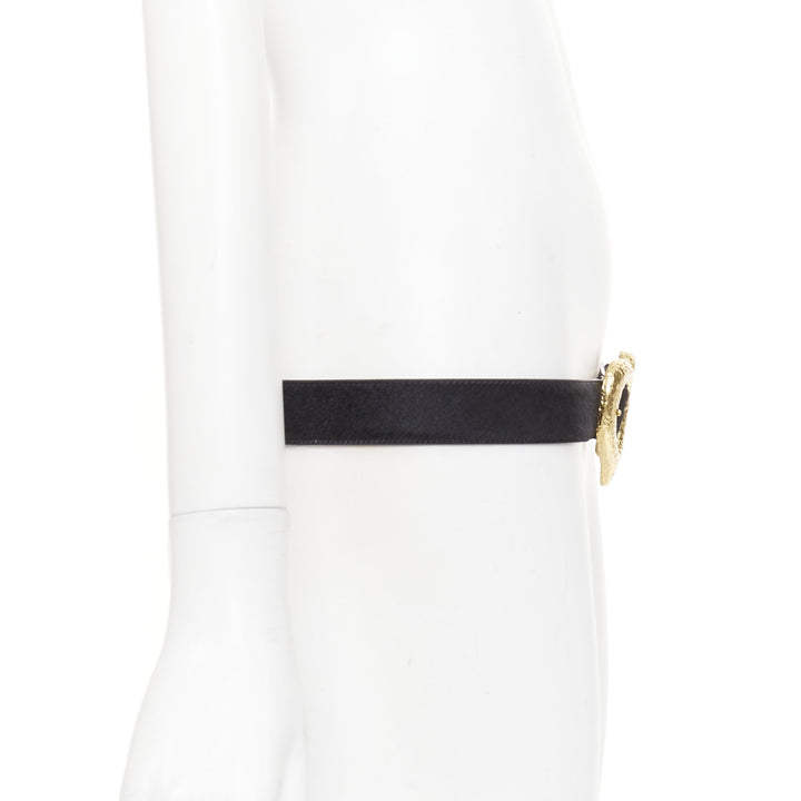 SAINT LAURENT 2021 Heart Buckle black calf hair gold hammered metal belt 65cm