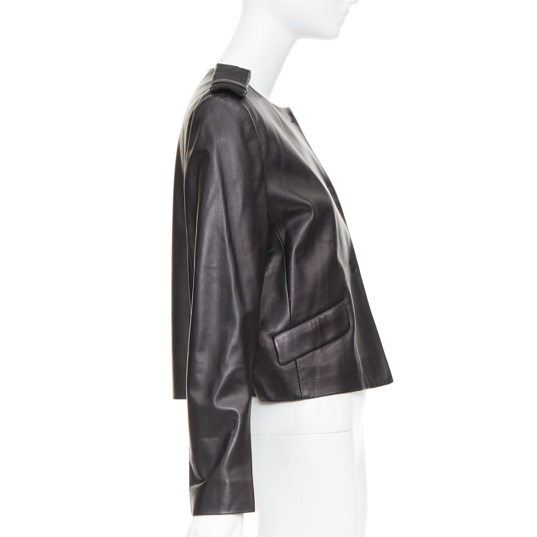 PRADA 2015 black lambskin leather grosgrain trim cropped military jacket IT44 L