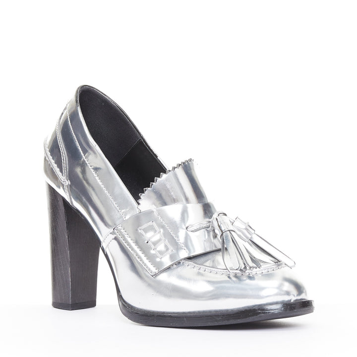 STELLA MCCARTNEY 2014 silver metallic kiltie tassel loafer block heel pumps EU37
