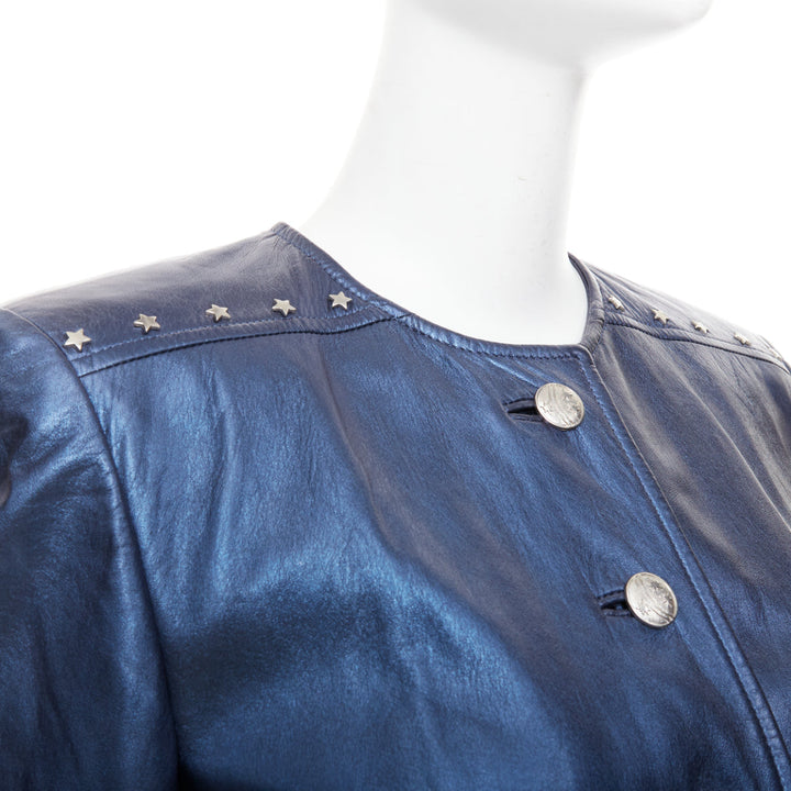 ESCADA Vintage 1980s Starry Night metallic blue leather stud jacket FR34 S