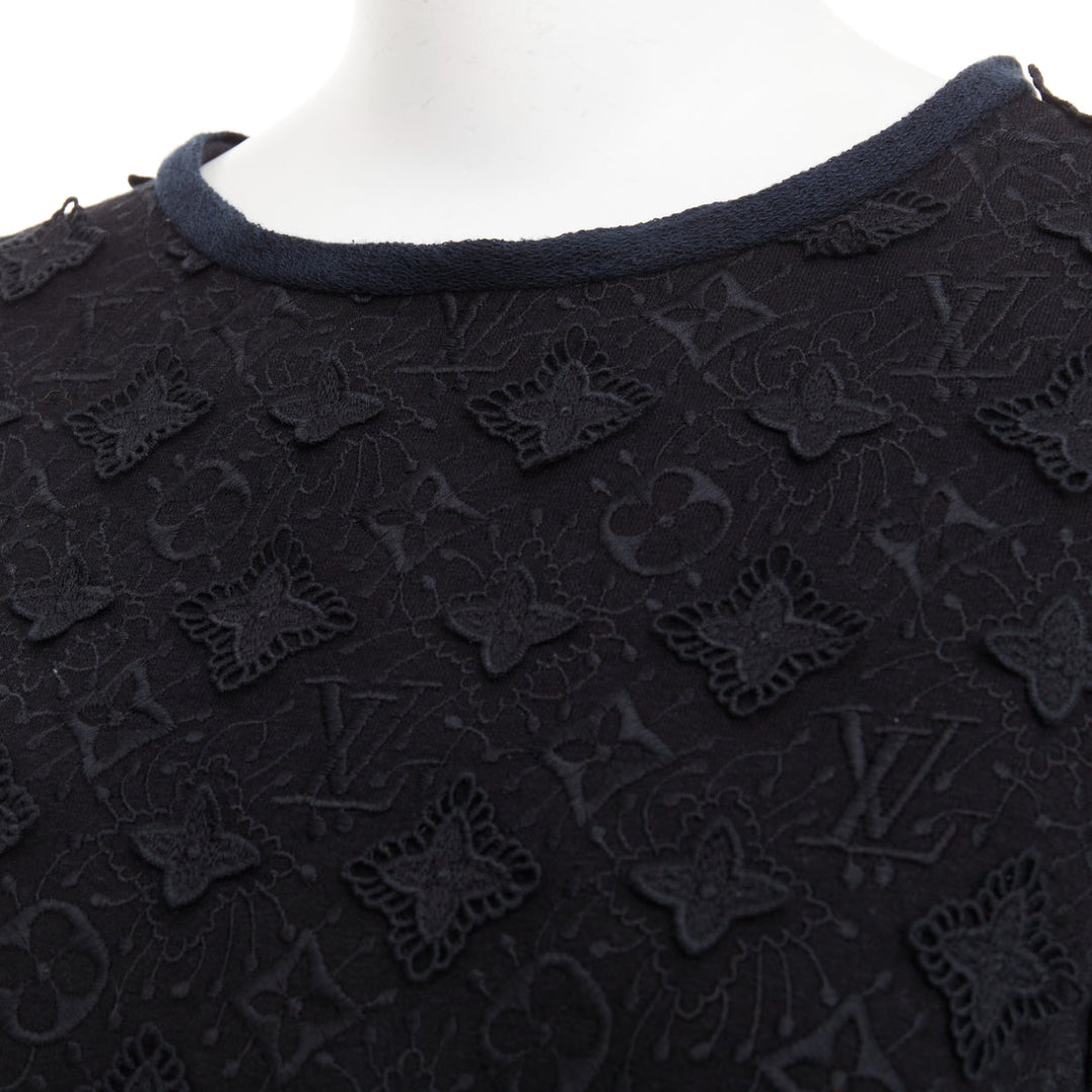 LOUIS VUITTON black LV logo monogram raised lace drawstring short dress XS
