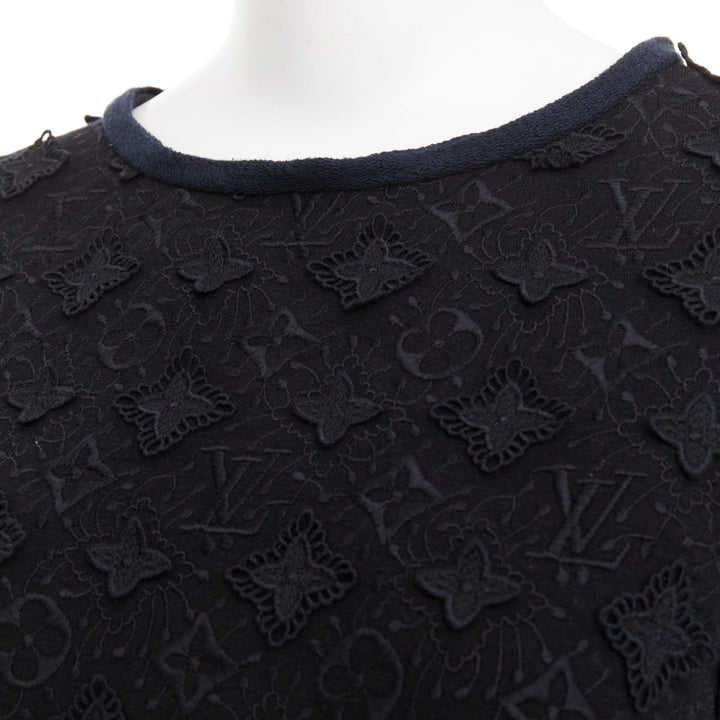 LOUIS VUITTON black LV logo monogram raised lace drawstring short dress XS