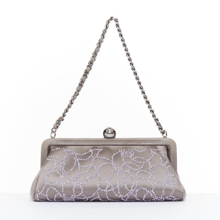 CHANEL 2000 pink pearl beaded grey satin crystal CC kiss lock frame clutch bag