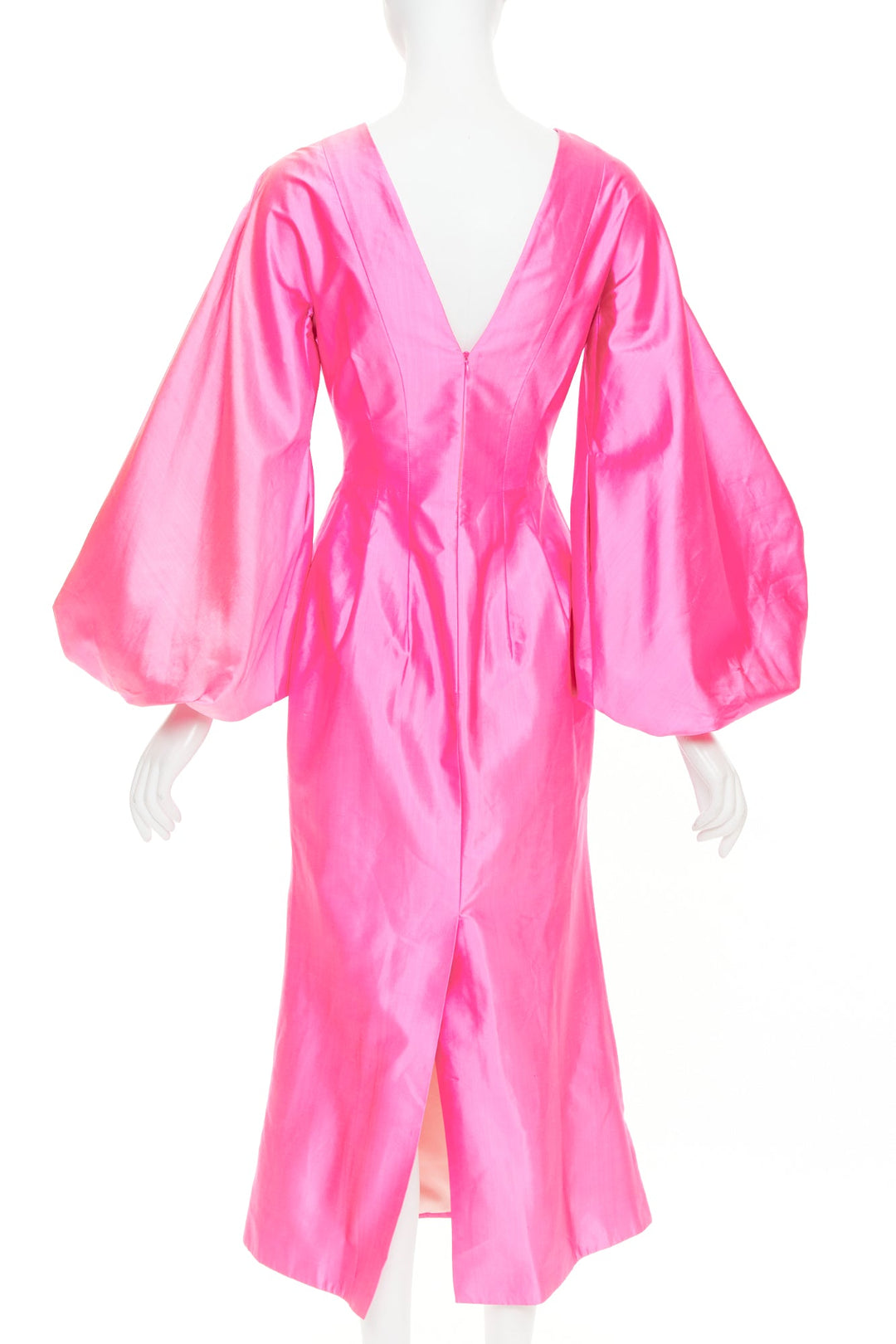 ROSARIO hot pink 100% silk shiny puff sleeves cinched waist midi dress FR36 S