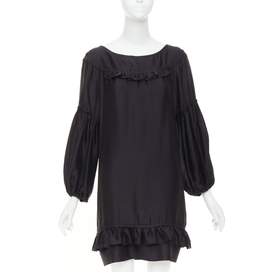 STELLA MCCARTNEY 2007 black silk ruffle trim puff sleeve baby doll dress IT40 S