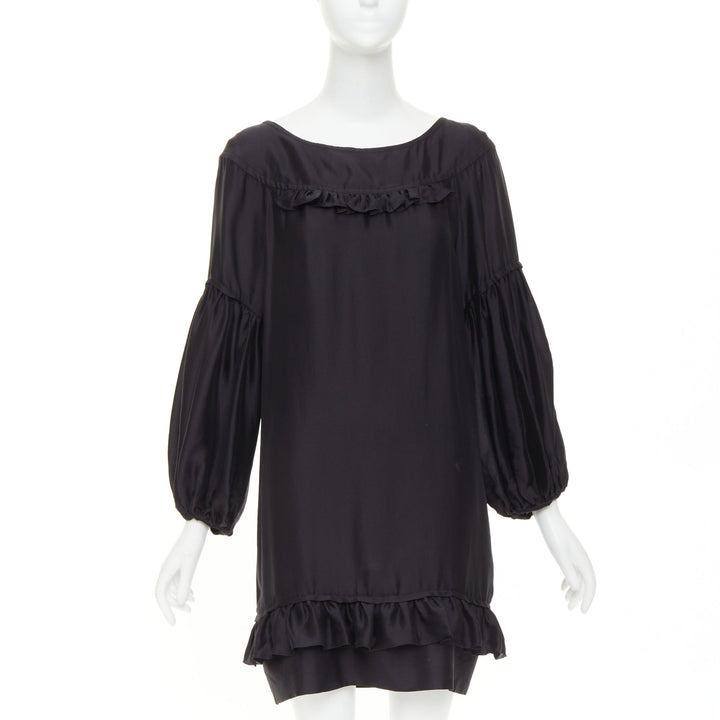 STELLA MCCARTNEY 2007 black silk ruffle trim puff sleeve baby doll dress IT40 S