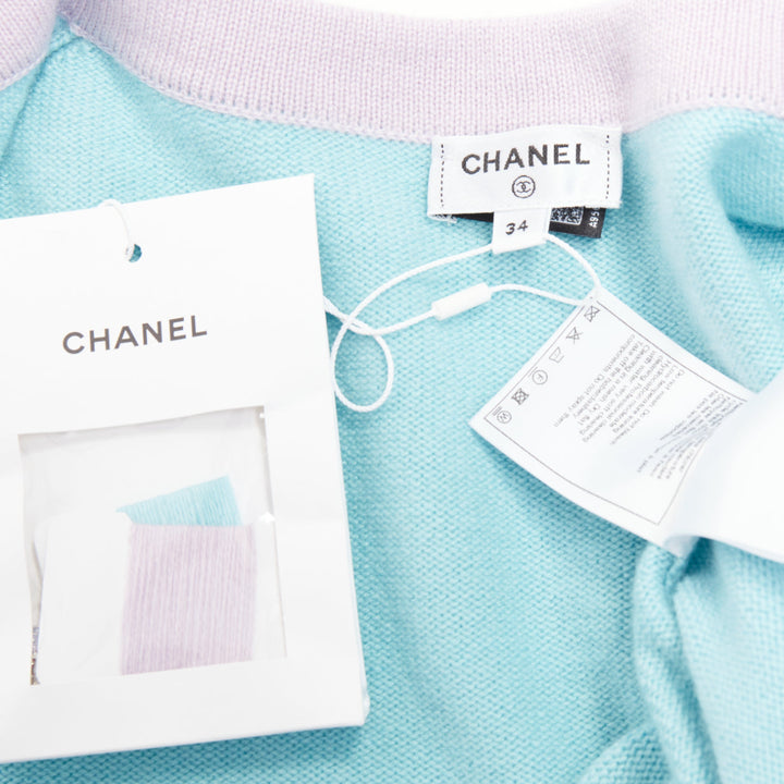 CHANEL 24C 100% cashmere pastel blue contrast trim glitter CC cropped cardigan F