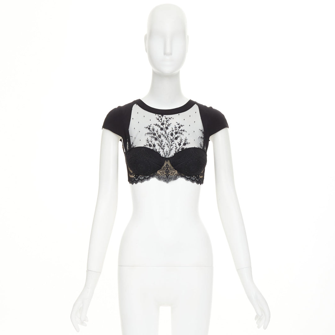 LA PERLA sheer lace underwire embroidery corset cap sleeve crop top 32B