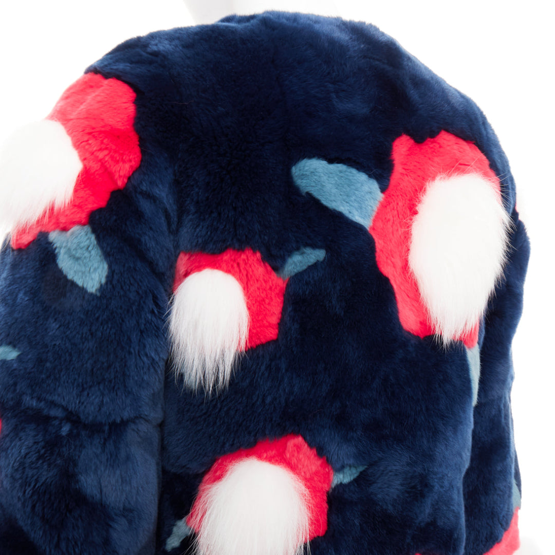 YVES SALOMON KIDS navy rabbit mink floral patchwork coat Yr10 XS