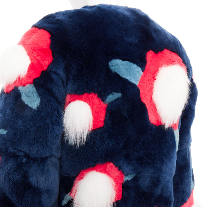 YVES SALOMON KIDS navy rabbit mink floral patchwork coat Yr10 XS