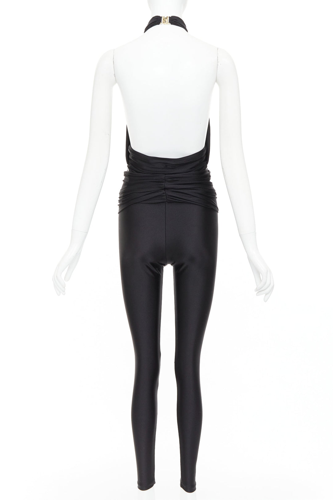 SAINT LAURENT 2022 Runway black gold metal brooch halter cutout jumpsuit Sz1 XS