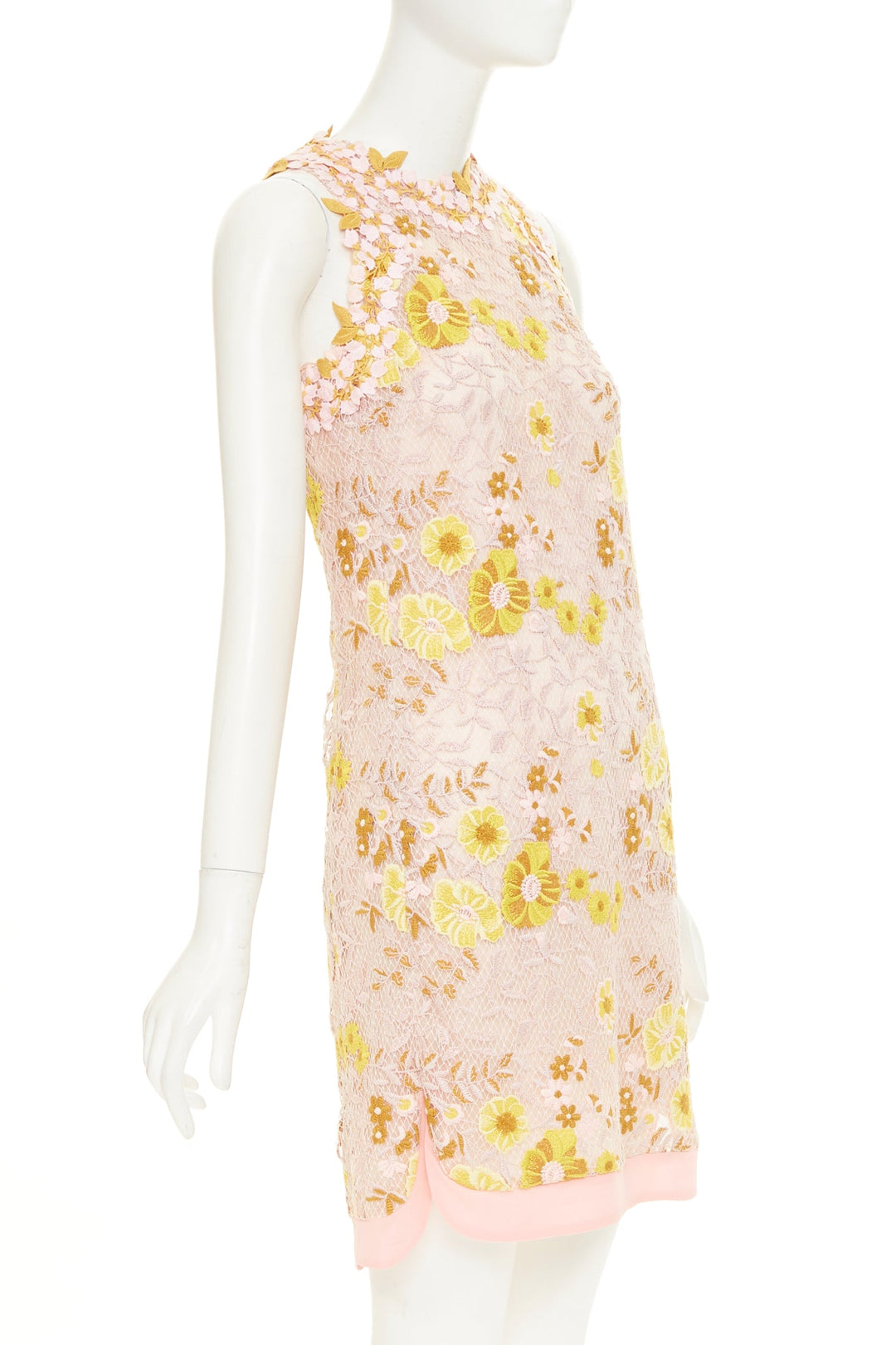 GIAMBATTISTA VALLI petal floral macrame lace pastel pink yellow dress IT38 XXS