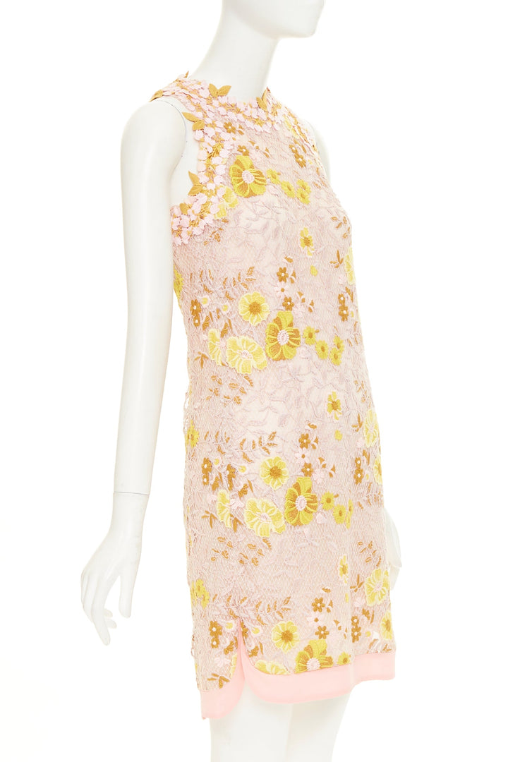 GIAMBATTISTA VALLI petal floral macrame lace pastel pink yellow dress IT38 XXS