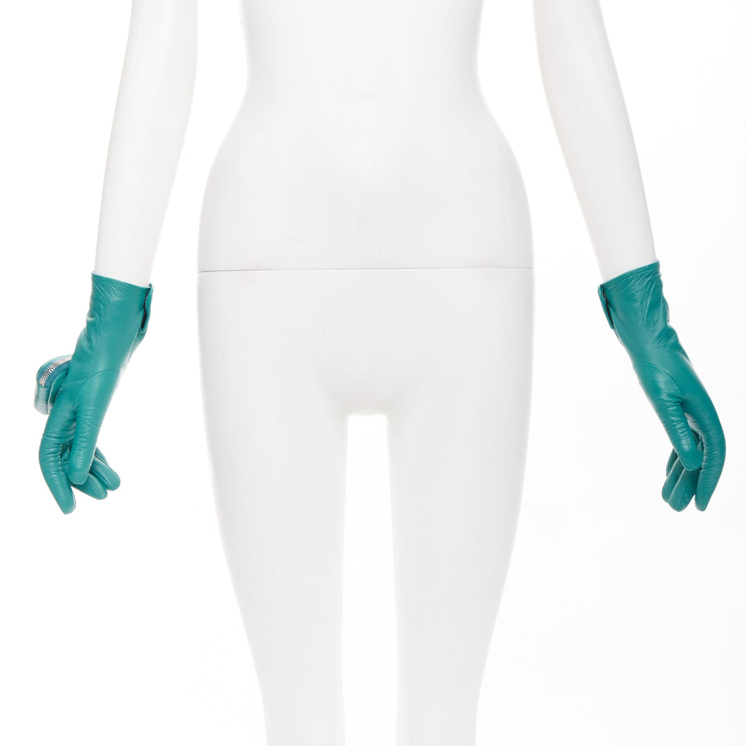 PRADA Raf Simons 2021 Runway teal lambskin leather triangle pouch gloves Sz7